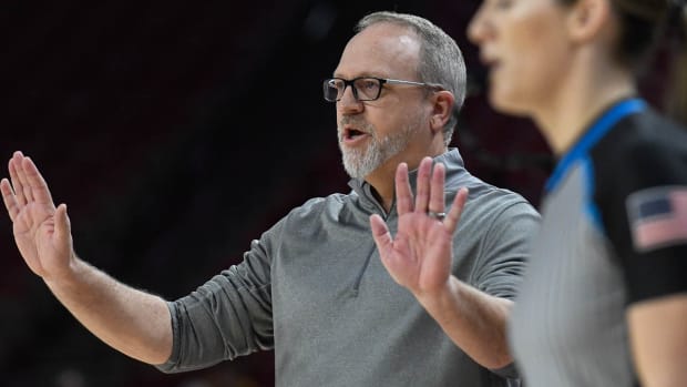 Arkansas Razorbacks coach Mike Neighbors against Louisiana Tech in WNIT on Thursday night.